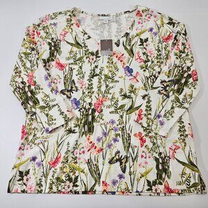 J.Jill XS Cream‎ Butterfly V-Neck 3/4 Sleeve Spring Floral Easter Top Tee NEW